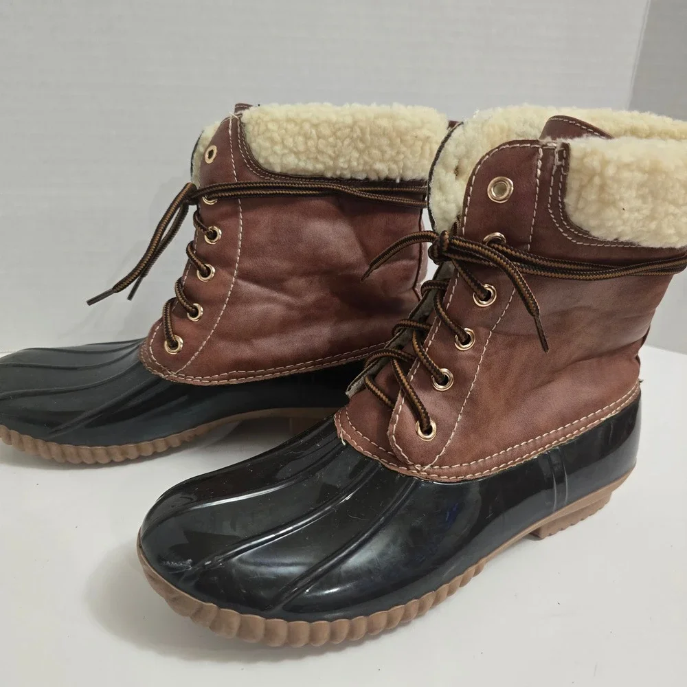 Yoki‎ Womens Brown Black Lace Up Sherpa Lined Duck Boots Size 7.5